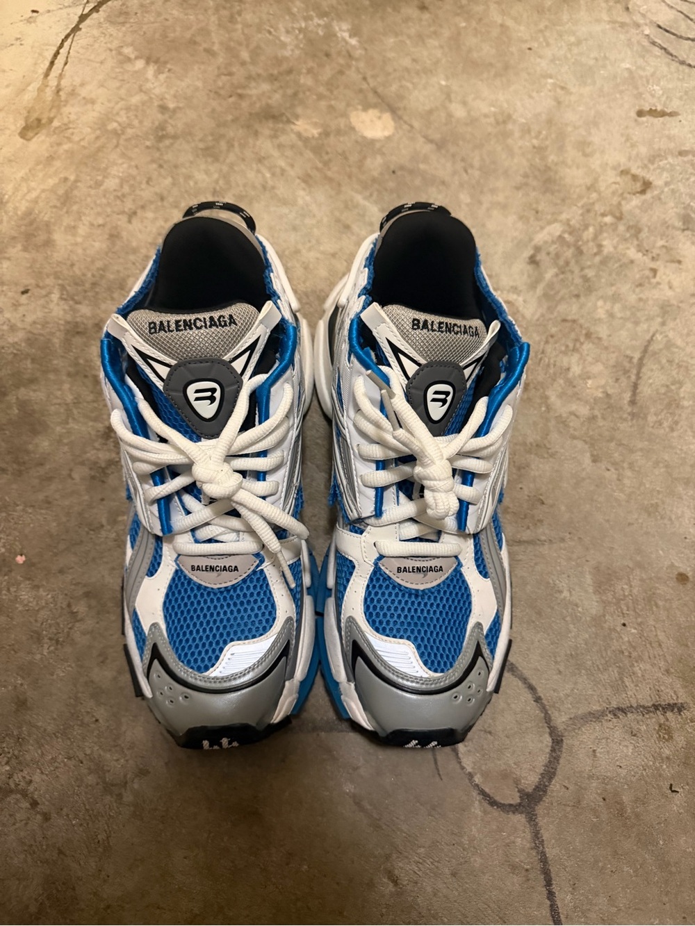 Balenciaga White, Blue & Silver Track Runner Sneakers